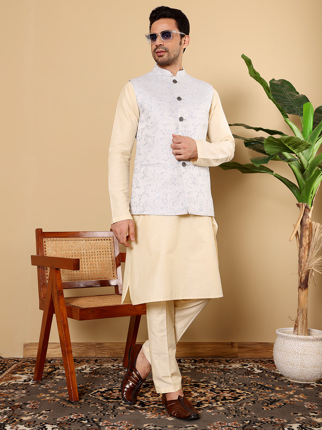 MULTI SHADES Men's Woven Design Light Blue Embroidered Nehru Jacket - Dista