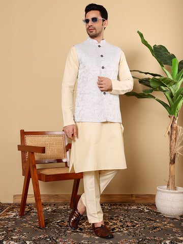 MULTI SHADES Men's Woven Design Light Blue Embroidered Nehru Jacket - Dista