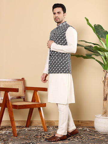 MULTI SHADES Men's Woven Design Black And White Embroidered Nehru Jacket - Dista