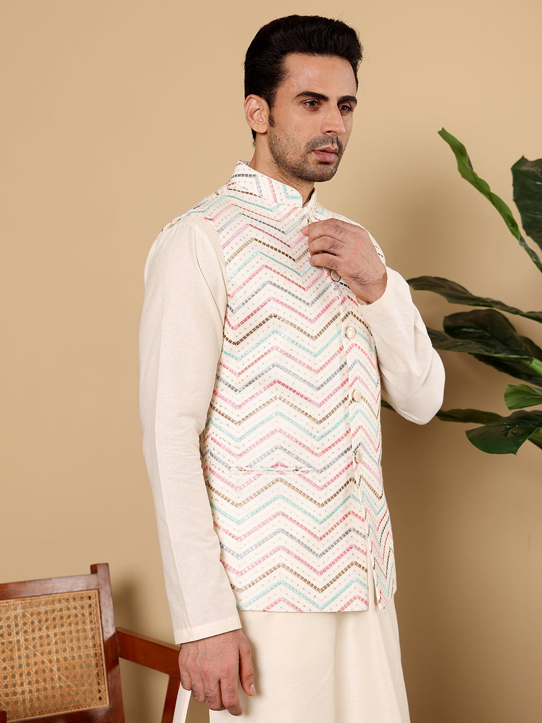 MULTI SHADES Men's Woven Design White Embroidered Nehru Jacket - Dista
