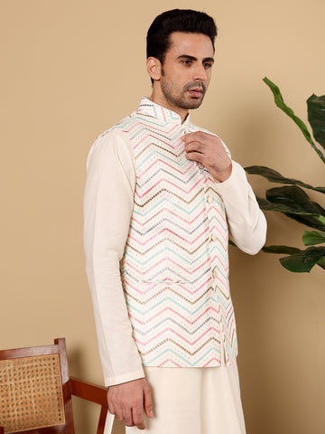 MULTI SHADES Men's Woven Design White Embroidered Nehru Jacket - Dista