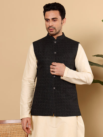 MULTI SHADES Men's Woven Design Black Embroidered Nehru Jacket - Dista