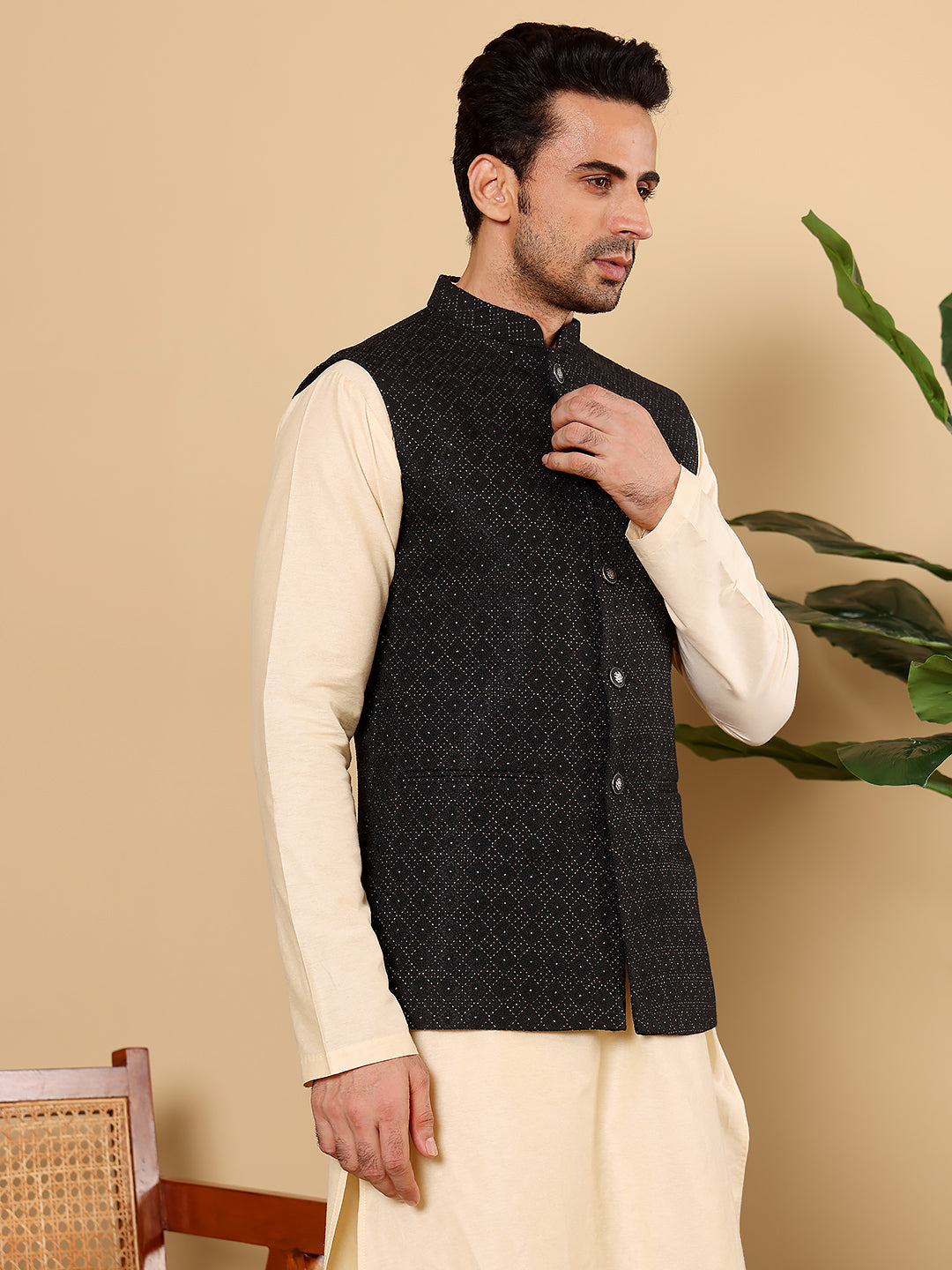 MULTI SHADES Men's Woven Design Black Embroidered Nehru Jacket - Dista