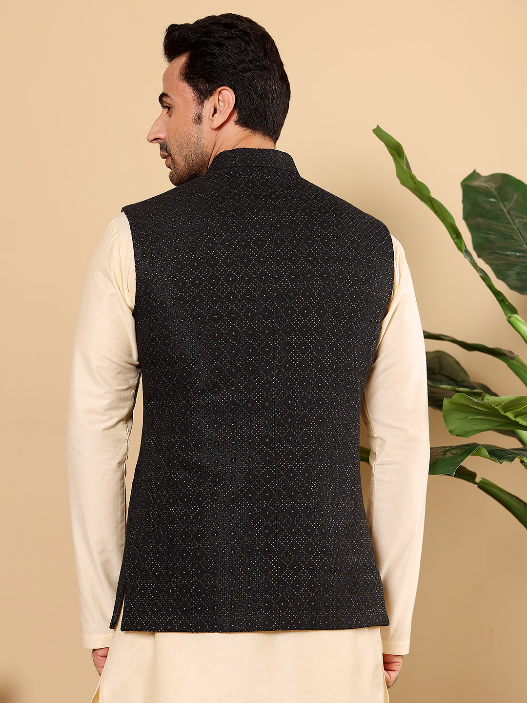 MULTI SHADES Men's Woven Design Black Embroidered Nehru Jacket - Dista