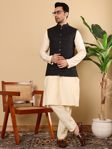 MULTI SHADES Men's Woven Design Black Embroidered Nehru Jacket - Dista