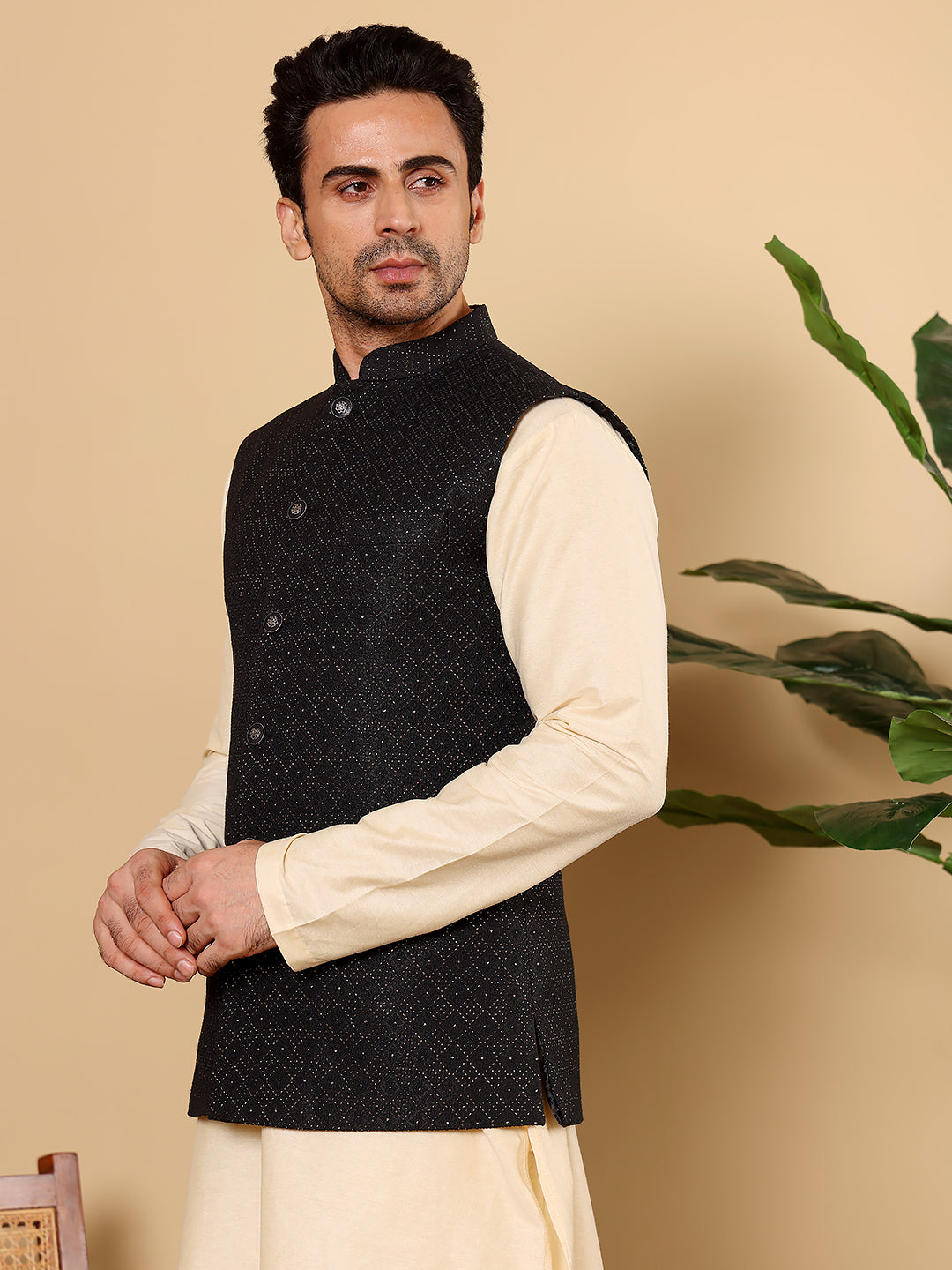 MULTI SHADES Men's Woven Design Black Embroidered Nehru Jacket - Dista