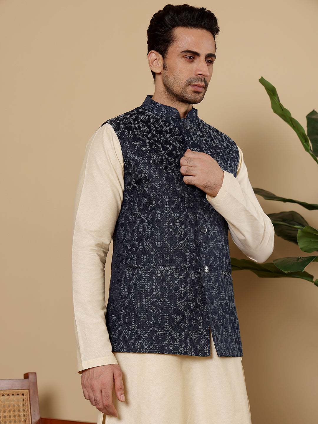 MULTI SHADES Men's Woven Design Blue Embroidered Nehru Jacket - Dista