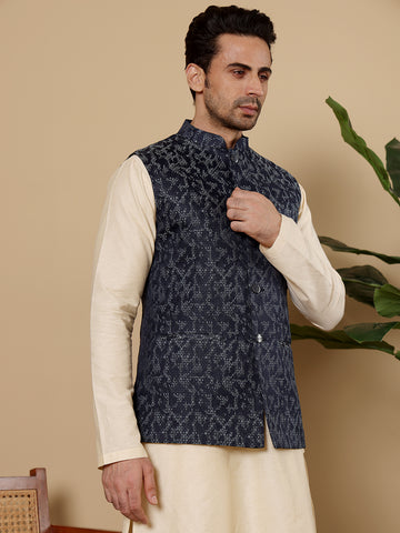 MULTI SHADES Men's Woven Design Blue Embroidered Nehru Jacket - Dista
