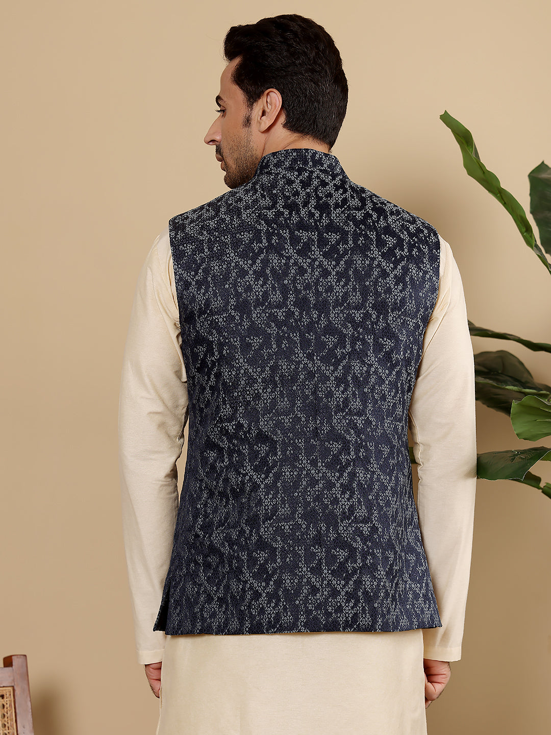 MULTI SHADES Men's Woven Design Blue Embroidered Nehru Jacket - Dista