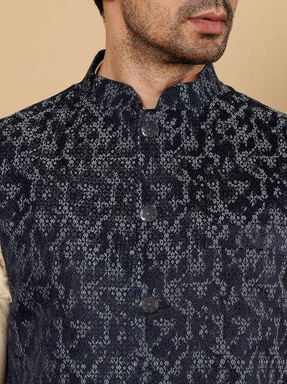 MULTI SHADES Men's Woven Design Blue Embroidered Nehru Jacket - Dista
