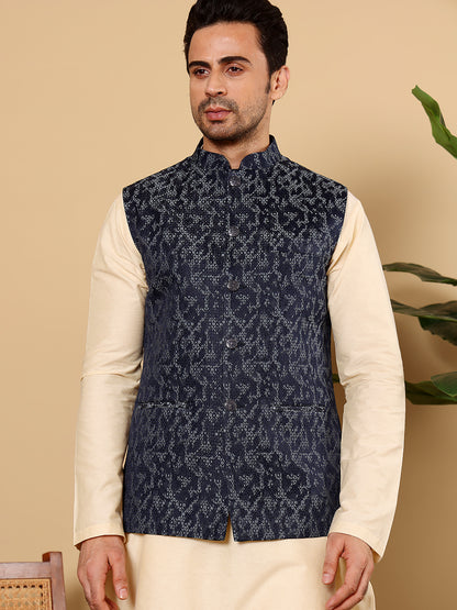 MULTI SHADES Men's Woven Design Blue Embroidered Nehru Jacket - Dista