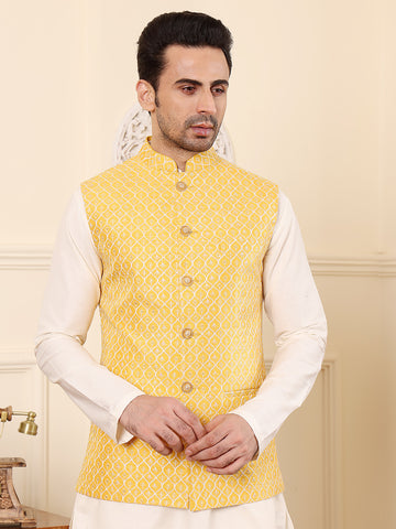 MULTI SHADES Men's Woven Design Yellow Embroidered Nehru Jacket - Dista