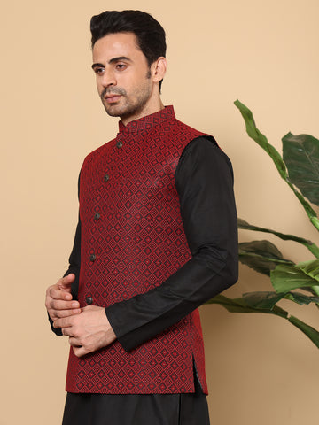 MULTI SHADES Men's Woven Design Black And Red Embroidered Nehru Jacket - Dista