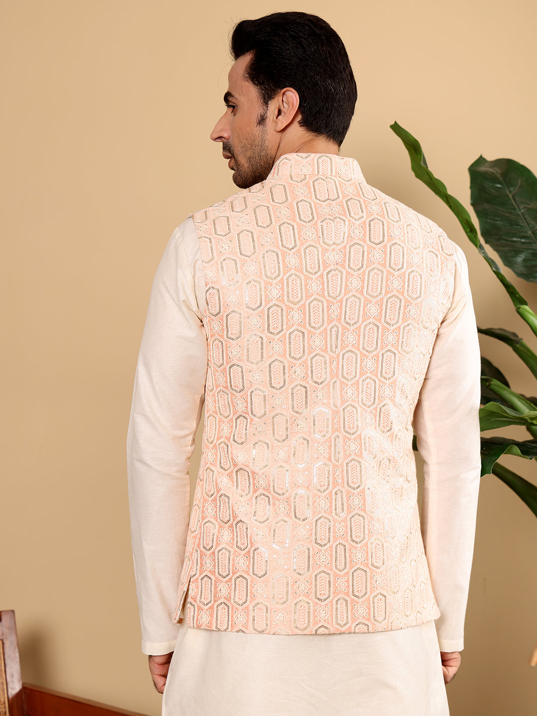 MULTI SHADES Men's Woven Design Light Pink Embroidered Nehru Jacket - Dista