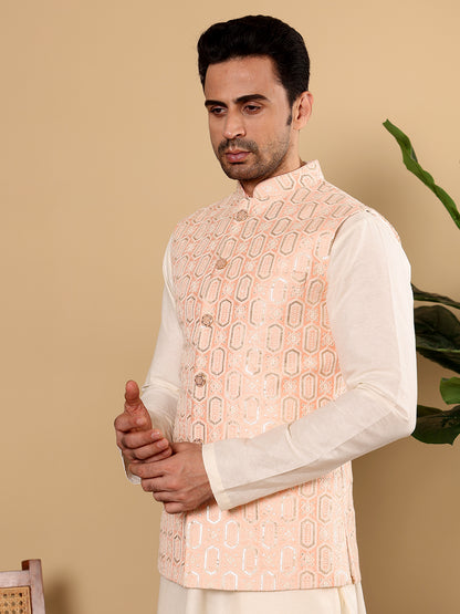 MULTI SHADES Men's Woven Design Light Pink Embroidered Nehru Jacket - Dista