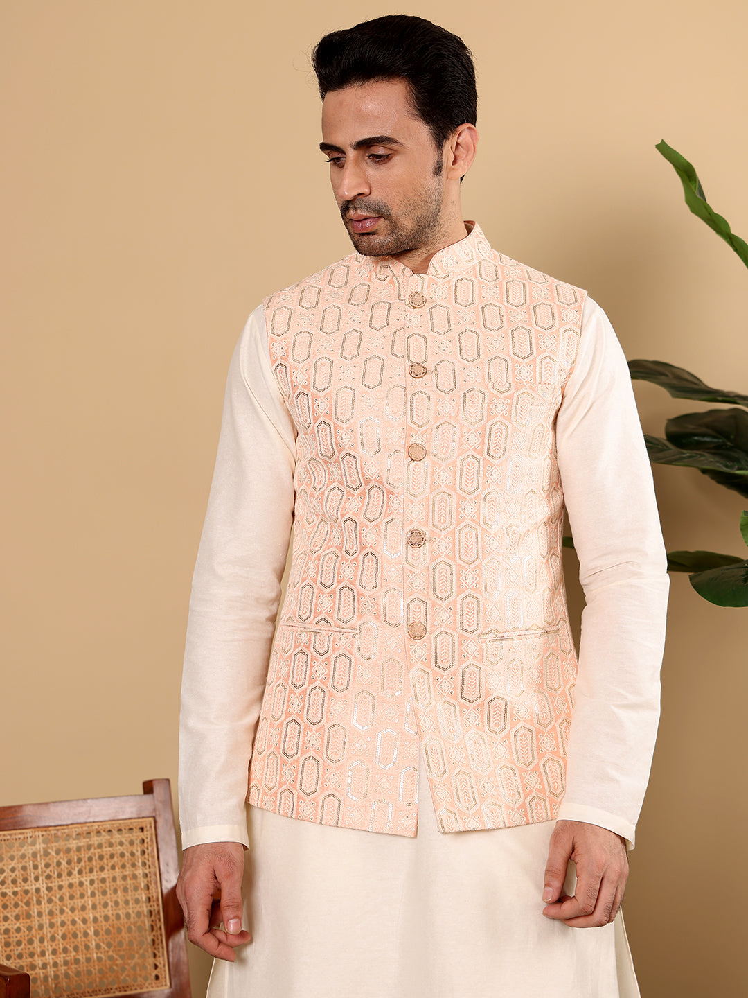 MULTI SHADES Men's Woven Design Light Pink Embroidered Nehru Jacket - Dista