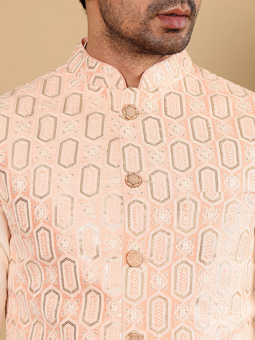 MULTI SHADES Men's Woven Design Light Pink Embroidered Nehru Jacket - Dista
