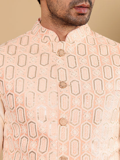 MULTI SHADES Men's Woven Design Light Pink Embroidered Nehru Jacket - Dista