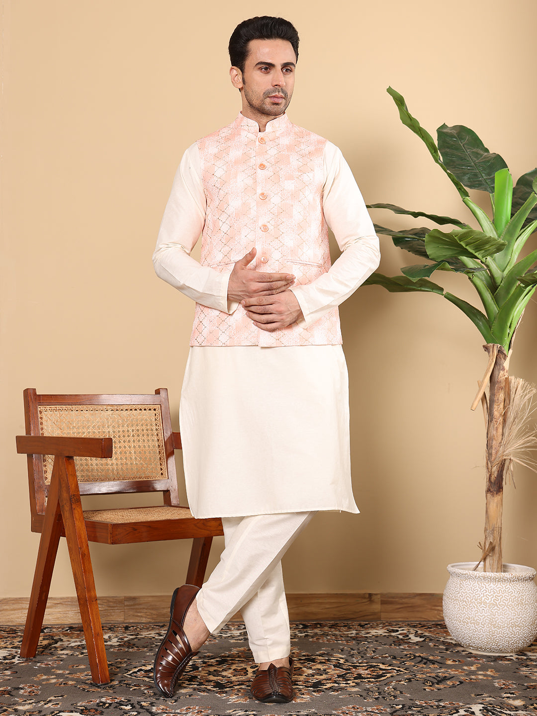 MULTI SHADES Men's Woven Design Peach Embroidered Nehru Jacket - Dista