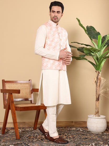 MULTI SHADES Men's Woven Design Peach Embroidered Nehru Jacket - Dista