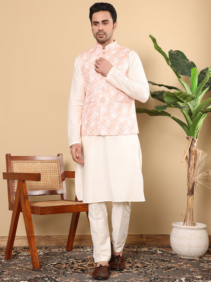 MULTI SHADES Men's Woven Design Peach Embroidered Nehru Jacket - Dista