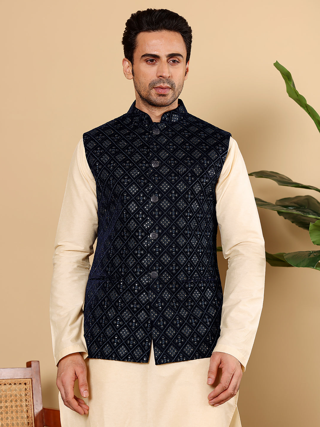 MULTI SHADES Men's Woven Design Black Embroidered Nehru Jacket - Dista