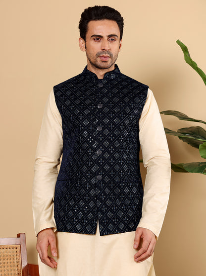 MULTI SHADES Men's Woven Design Black Embroidered Nehru Jacket - Dista