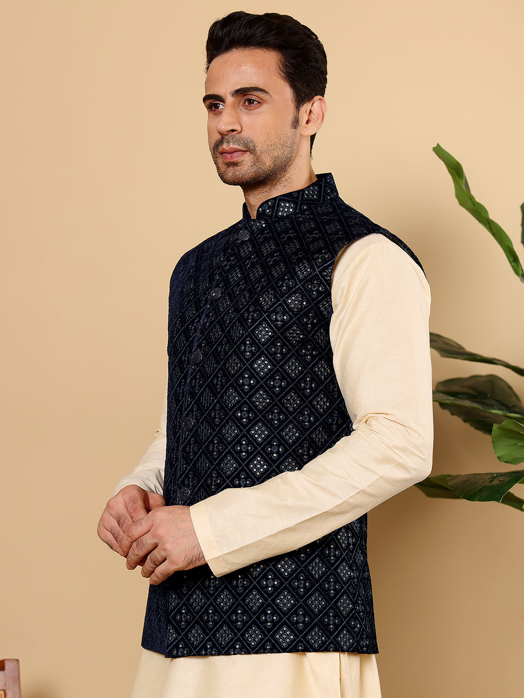 MULTI SHADES Men's Woven Design Black Embroidered Nehru Jacket - Dista