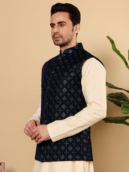 MULTI SHADES Men's Woven Design Black Embroidered Nehru Jacket - Dista
