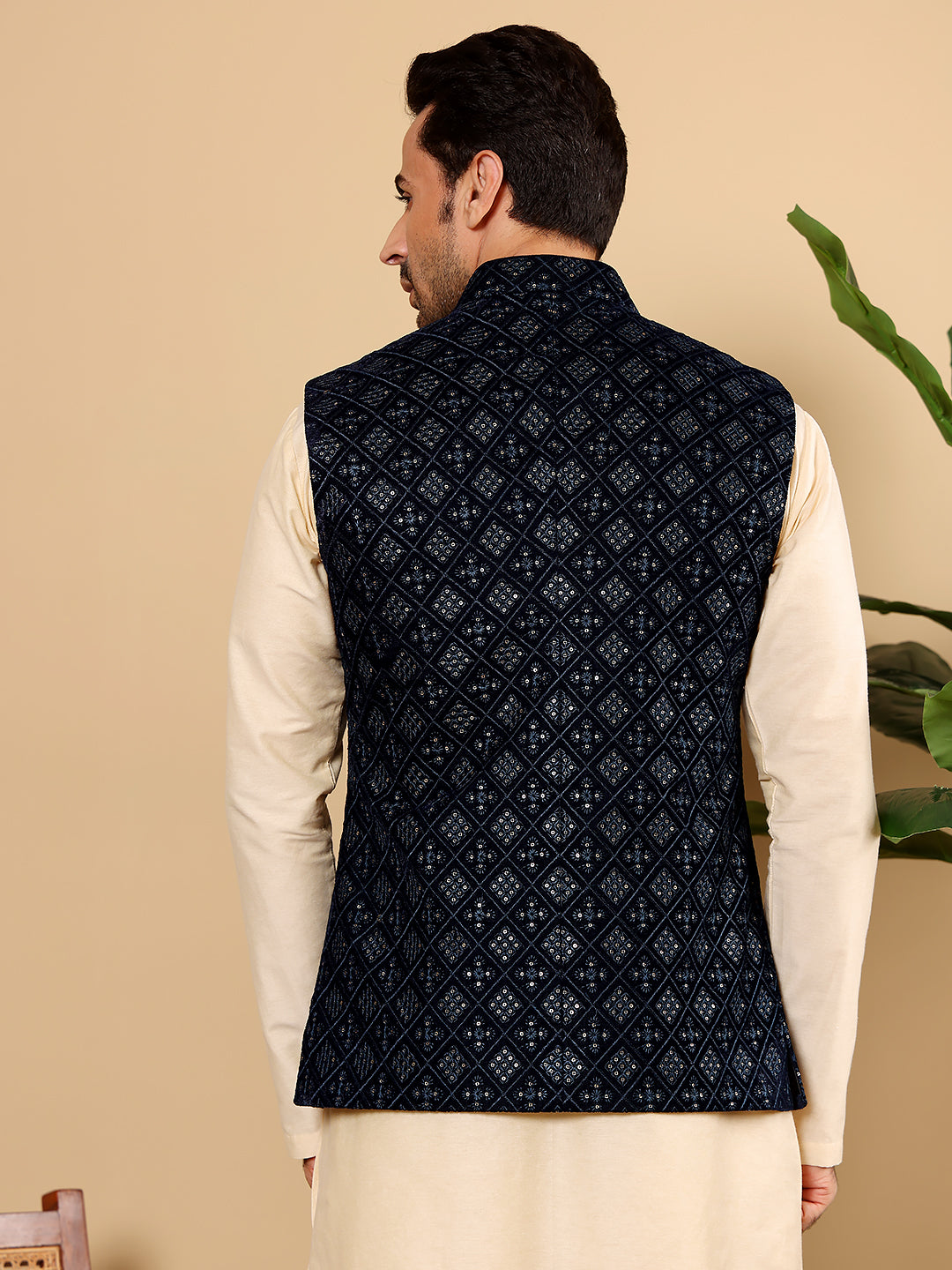 MULTI SHADES Men's Woven Design Black Embroidered Nehru Jacket - Dista