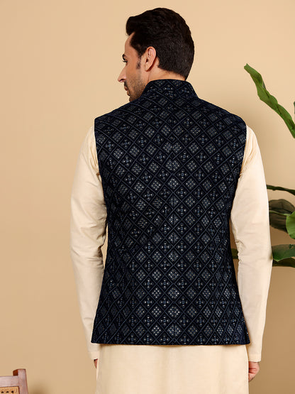 MULTI SHADES Men's Woven Design Black Embroidered Nehru Jacket - Dista