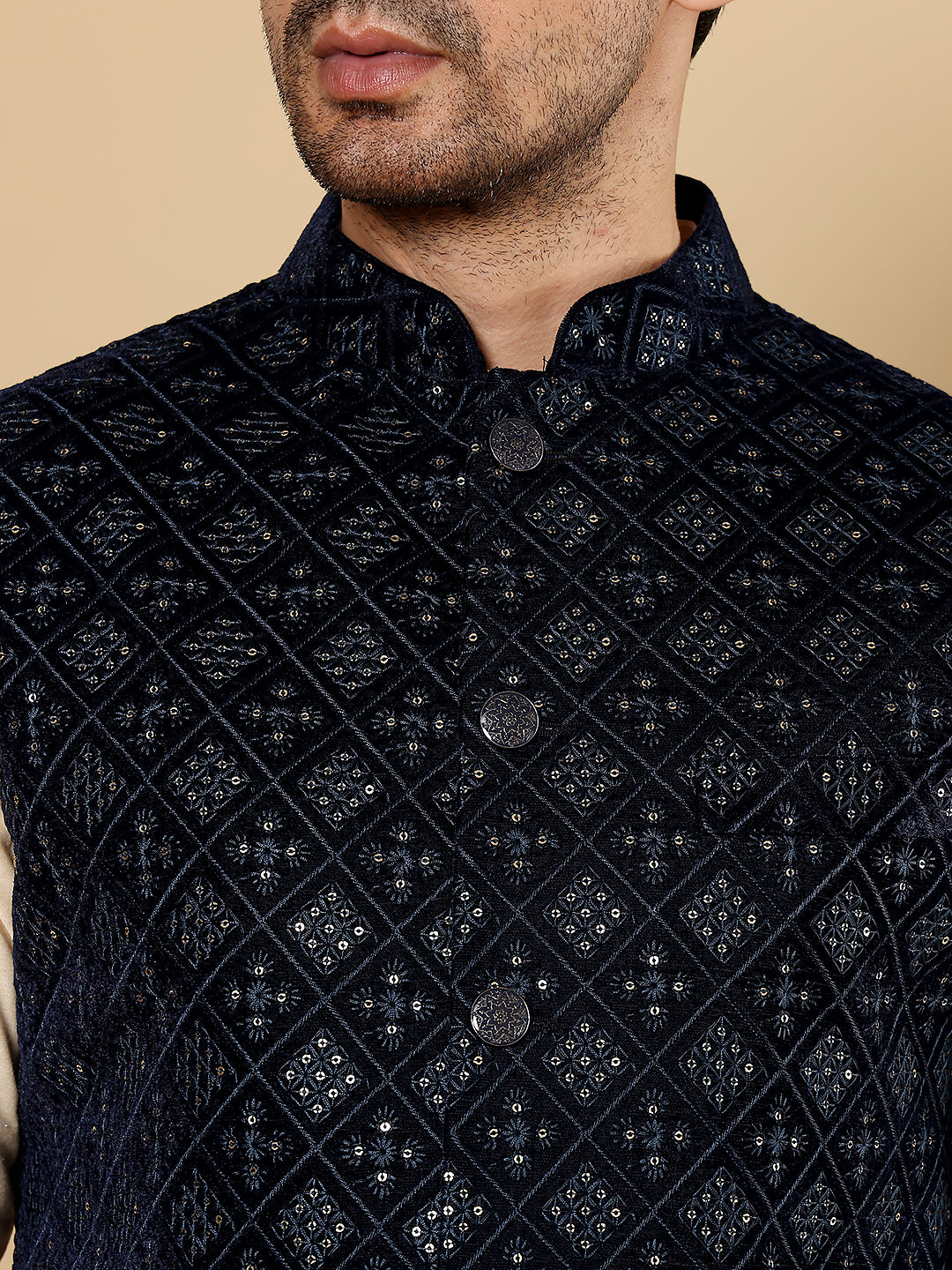 MULTI SHADES Men's Woven Design Black Embroidered Nehru Jacket - Dista