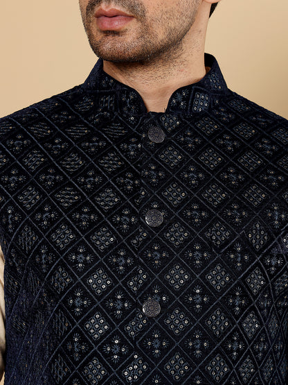 MULTI SHADES Men's Woven Design Black Embroidered Nehru Jacket - Dista
