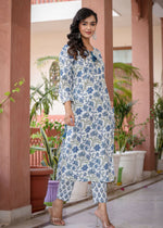 Thumbnail for Kaajh Women's White Blue Floral Print Kurta Pant Set - Distacart