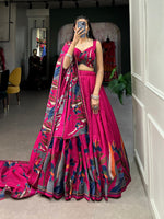 Thumbnail for Malishka Womens Pink Dola Silk With Foil Print Lehenga Choli Set