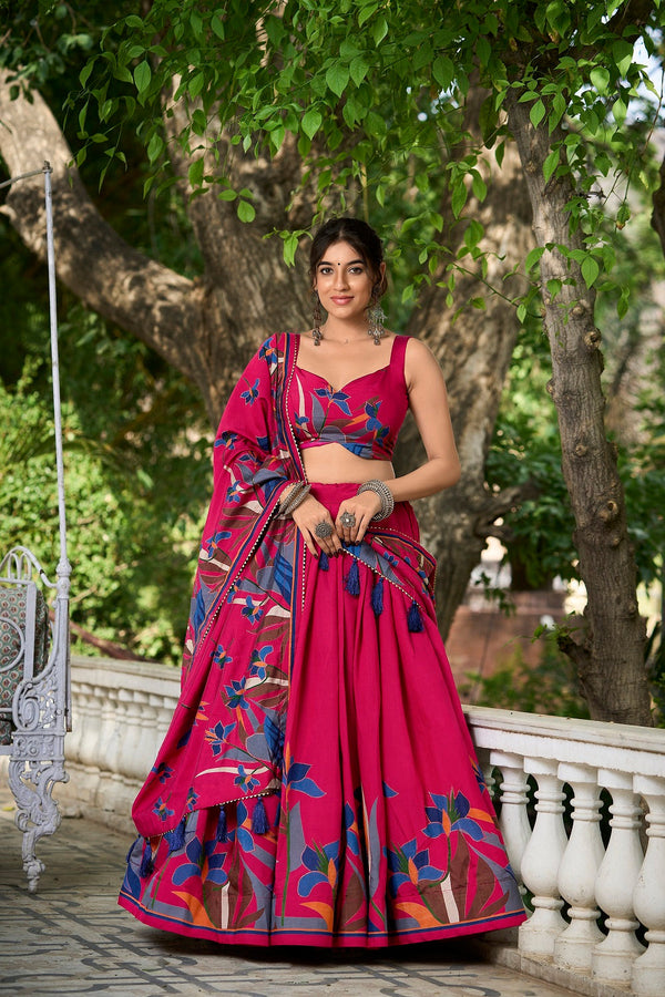 Malishka Womens Pink Dola Silk With Foil Print Lehenga Choli Set