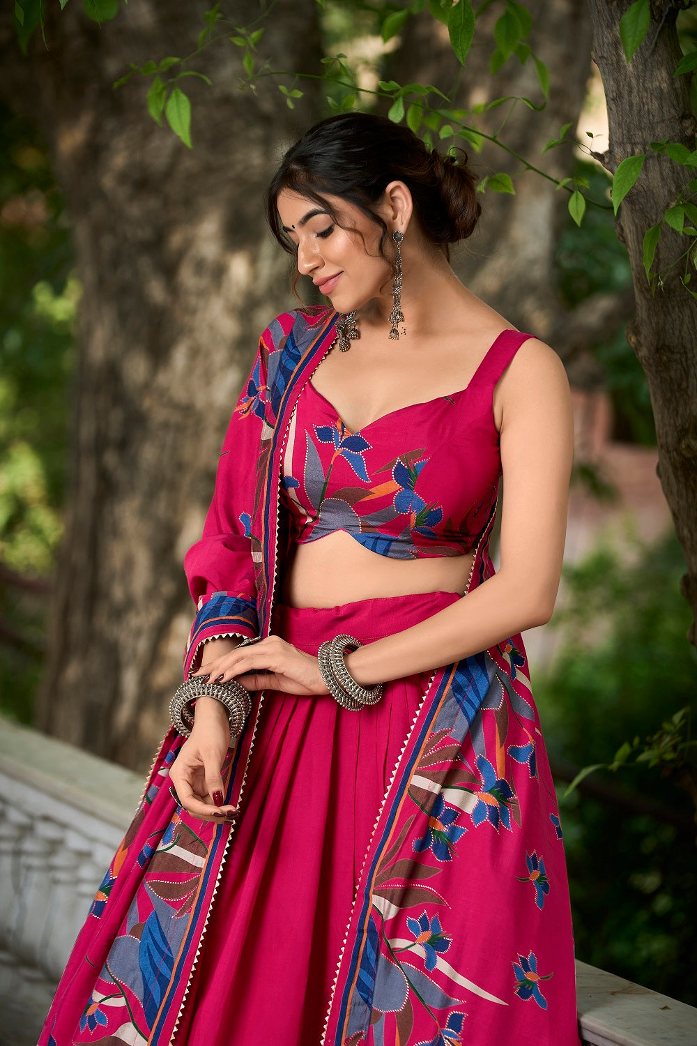 Malishka Womens Pink Dola Silk With Foil Print Lehenga Choli Set