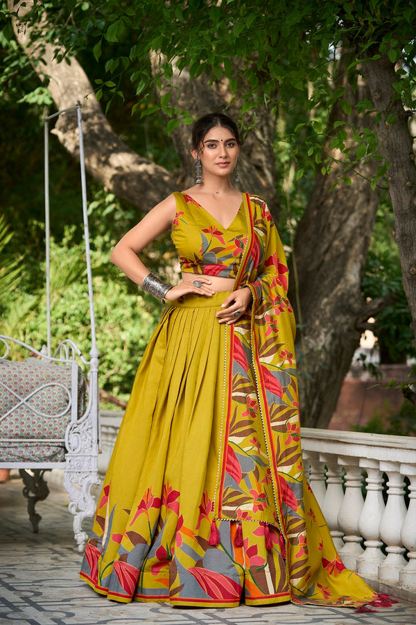 Malishka Womens Yellow Dola Silk With Foil Print Lehenga Choli Set