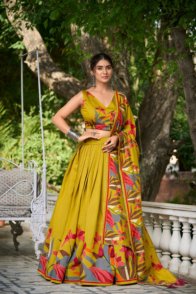 Malishka Womens Yellow Dola Silk With Foil Print Lehenga Choli Set