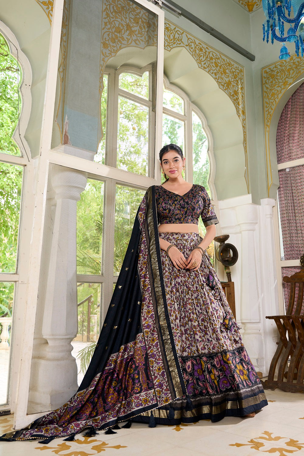 Malishka Womens Black Dola Silk With Foil Print Lehenga Choli Set