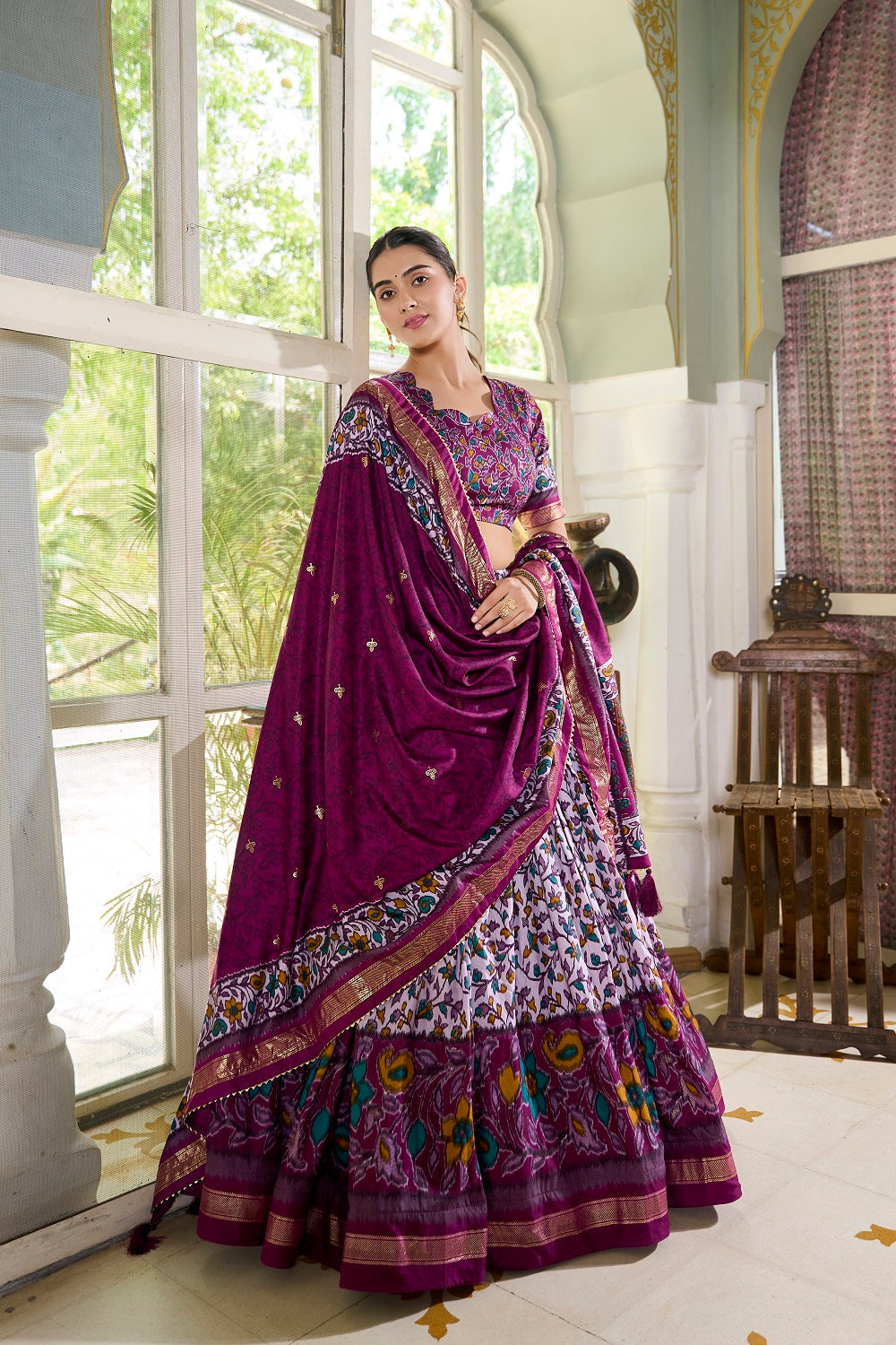 Malishka Womens Purple Dola Silk With Foil Print Lehenga Choli Set