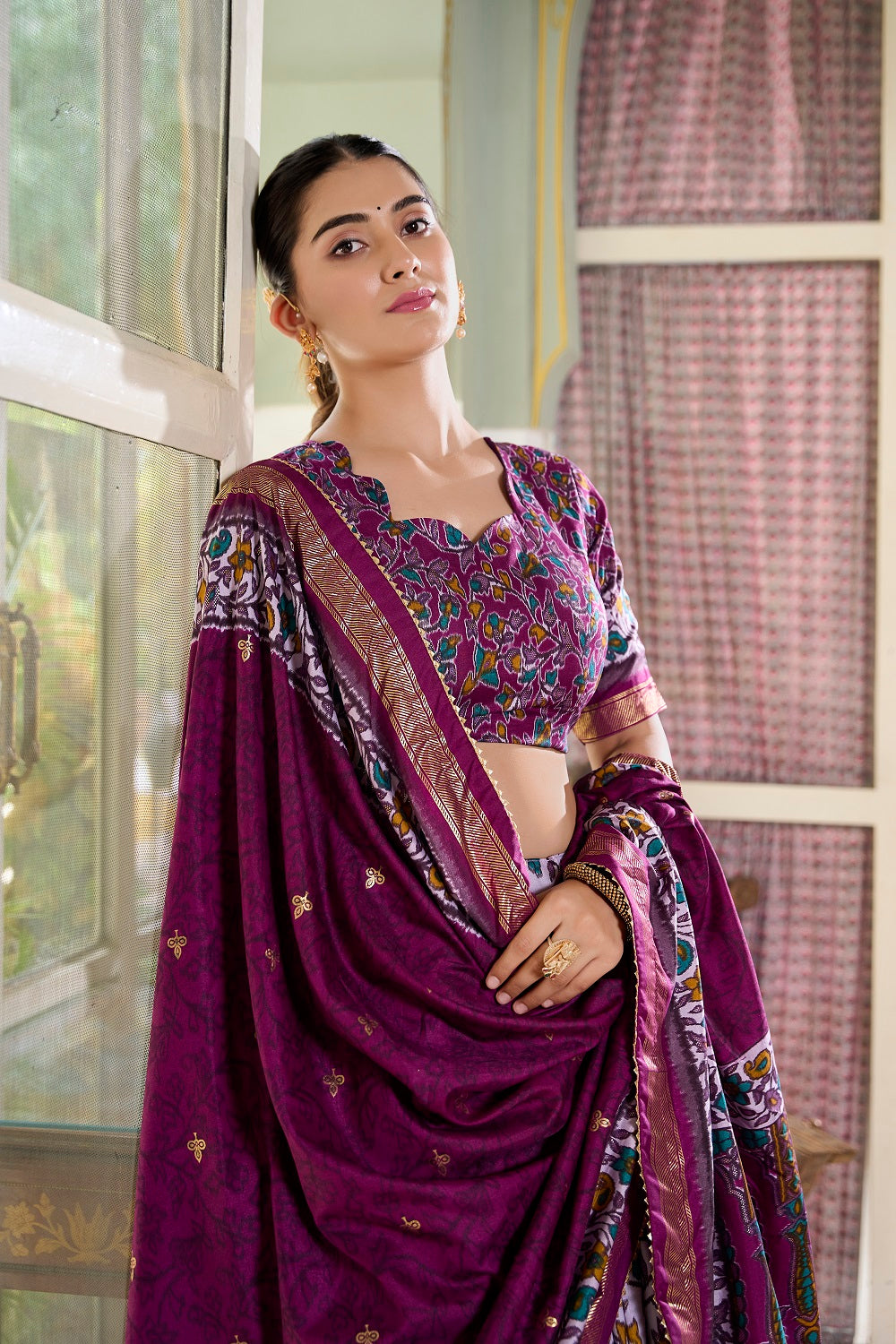 Malishka Womens Purple Dola Silk With Foil Print Lehenga Choli Set