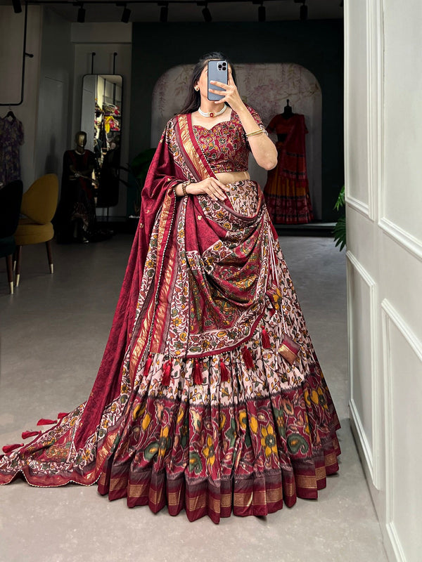 Malishka Womens Maroon Dola Silk With Foil Print Lehenga Choli Set