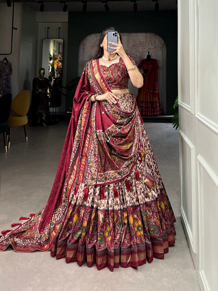 Malishka Womens Maroon Dola Silk With Foil Print Lehenga Choli Set