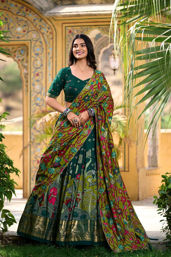 Malishka Womens Green Dola Silk With Foil Print Lehenga Choli Set