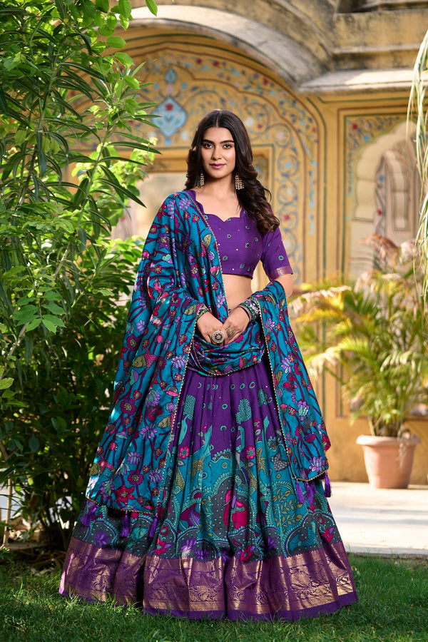 Malishka Womens Purple Dola Silk With Foil Print Lehenga Choli Set