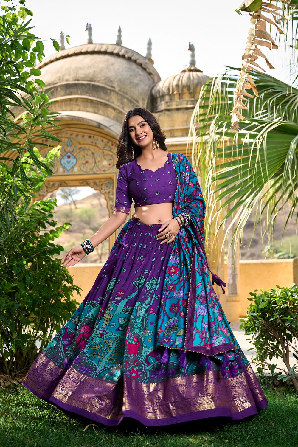 Malishka Womens Purple Dola Silk With Foil Print Lehenga Choli Set