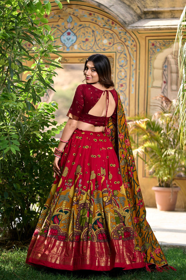 Malishka Womens Red Dola Silk With Foil Print Lehenga Choli Set
