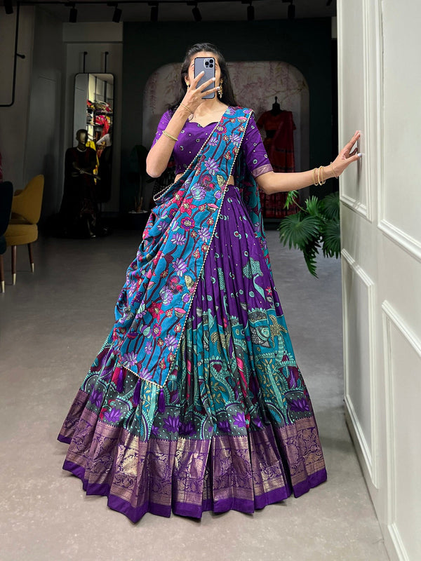 Malishka Womens Purple Dola Silk With Foil Print Lehenga Choli Set