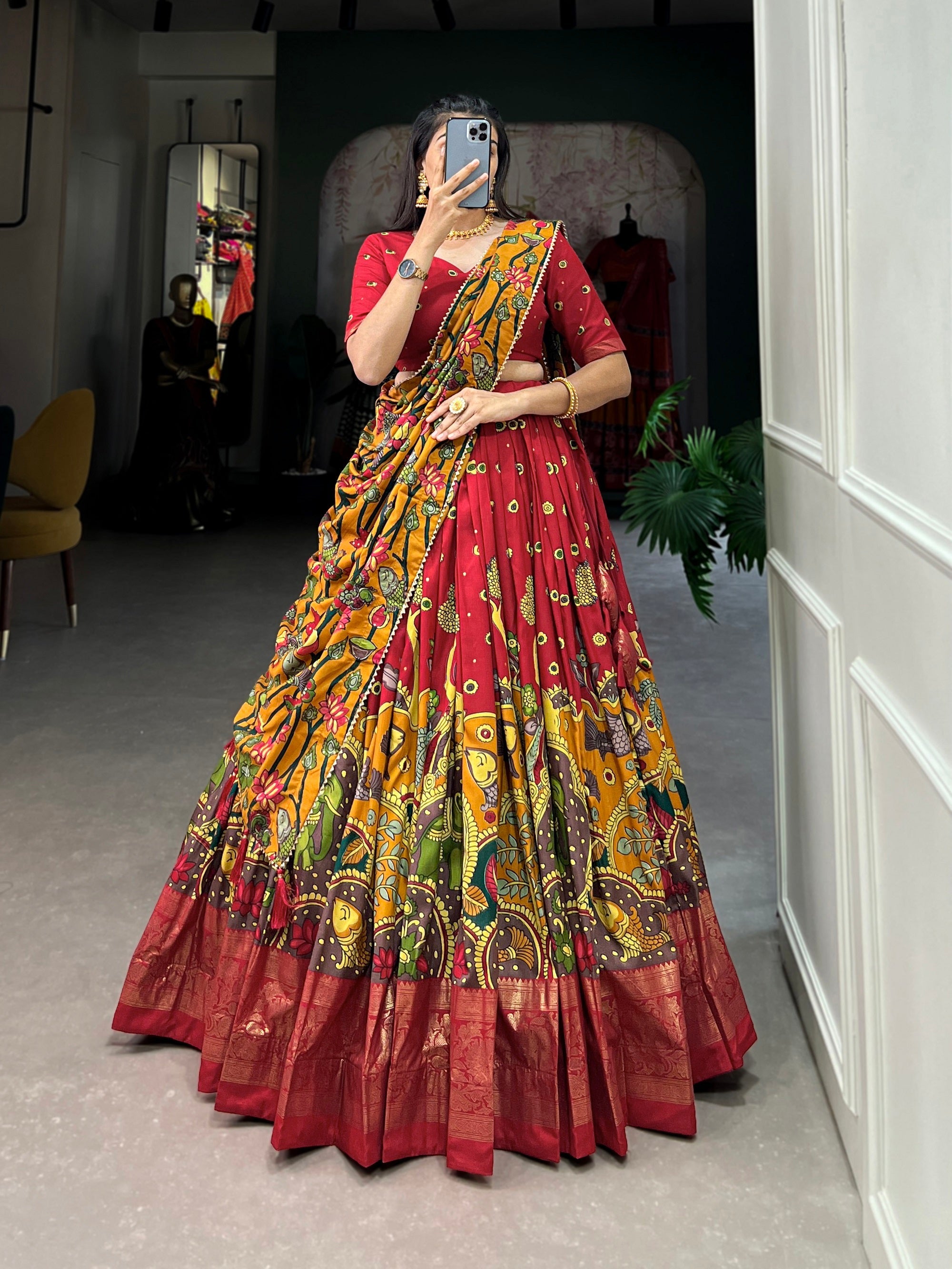 Malishka Womens Red Dola Silk With Foil Print Lehenga Choli Set